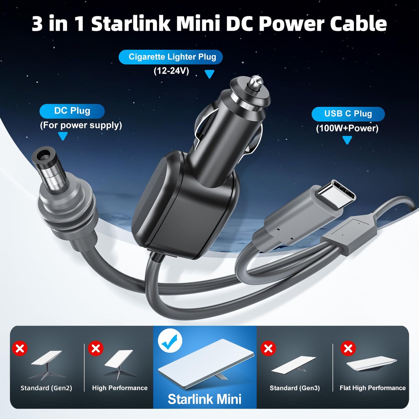3-in-1 Starlink Mini DC Power Cable, 9.8FT 12V-24V Car Charger Cord with USB-C Port, Waterproof Step Up Converter for Starlink Mini, Plug and Play for Camping, RV, Truck, Home, Outdoor Adventures