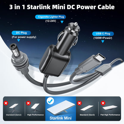3-in-1 Starlink Mini DC Power Cable, 9.8FT 12V-24V Car Charger Cord with USB-C Port, Waterproof Step Up Converter for Starlink Mini, Plug and Play for Camping, RV, Truck, Home, Outdoor Adventures