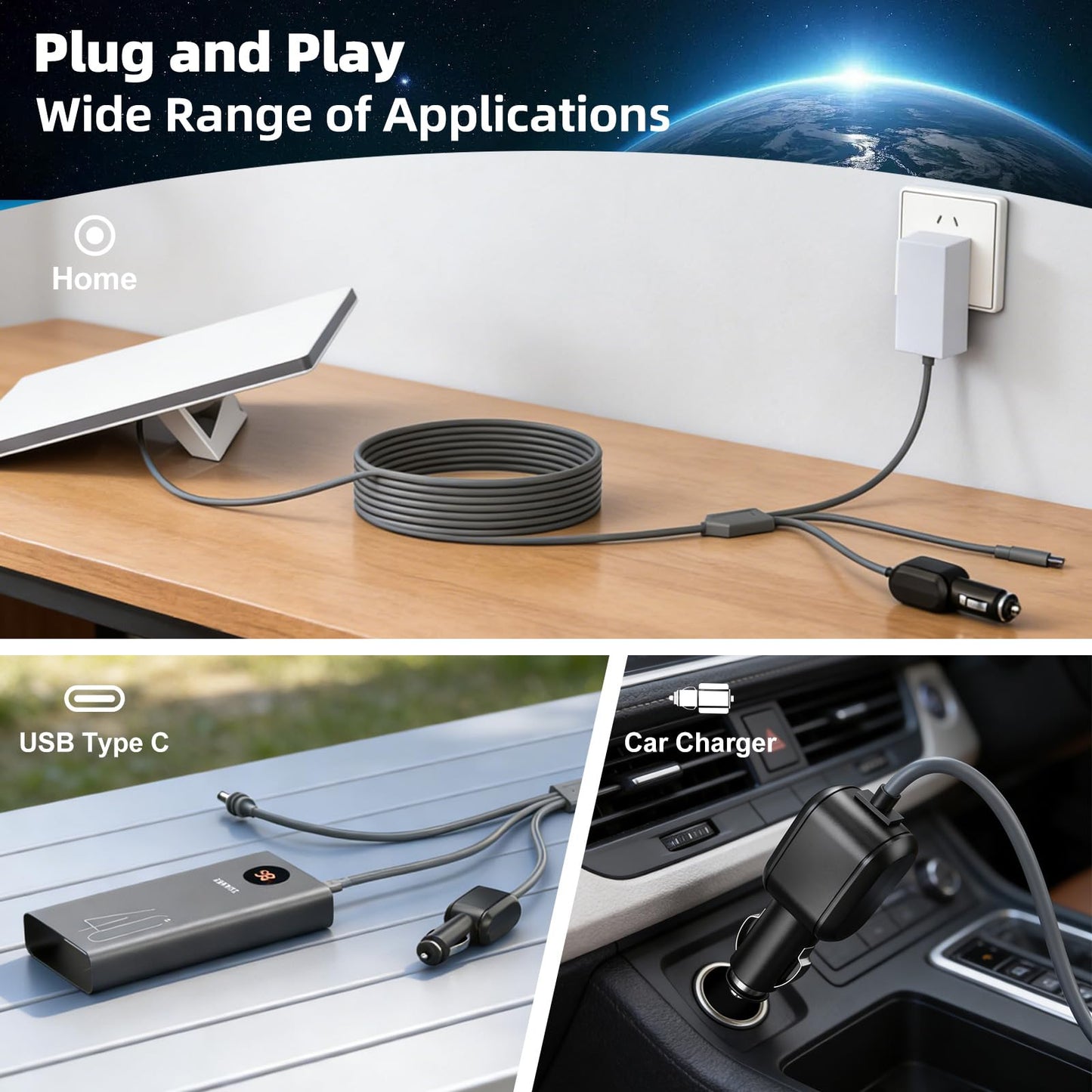 3-in-1 Starlink Mini DC Power Cable, 9.8FT 12V-24V Car Charger Cord with USB-C Port, Waterproof Step Up Converter for Starlink Mini, Plug and Play for Camping, RV, Truck, Home, Outdoor Adventures