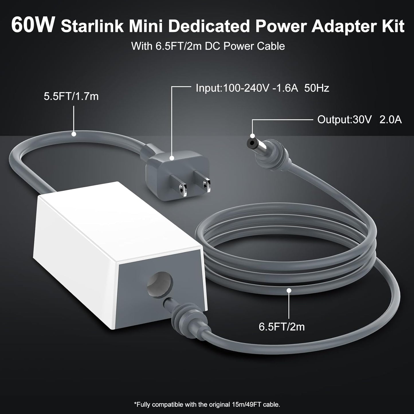 Starlink Mini 60W Power Adapter Kit with 6.5FT DC Cable, 30V/2A Replacement Charger for Starlink Mini, Space-Saving Design for Home, RV, Camping & Outdoor Use
