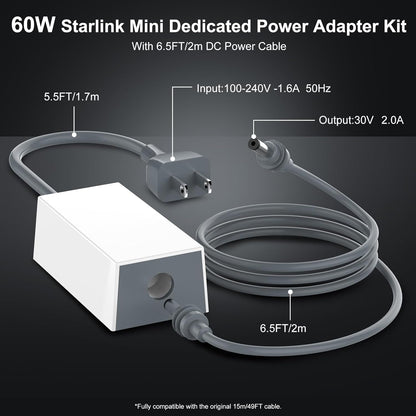 Starlink Mini 60W Power Adapter Kit with 6.5FT DC Cable, 30V/2A Replacement Charger for Starlink Mini, Space-Saving Design for Home, RV, Camping & Outdoor Use