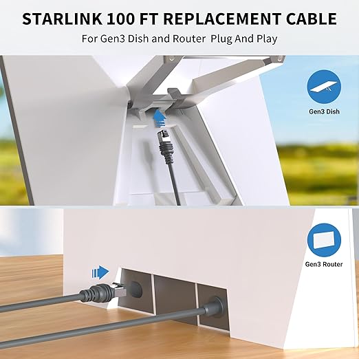 100FT/ 30M Starlink Gen 3 Cable for Starlink Standard Generation 3, Replacement Extension Cable Waterproof Satellite Starlink Standard V3 (100FT), Grey